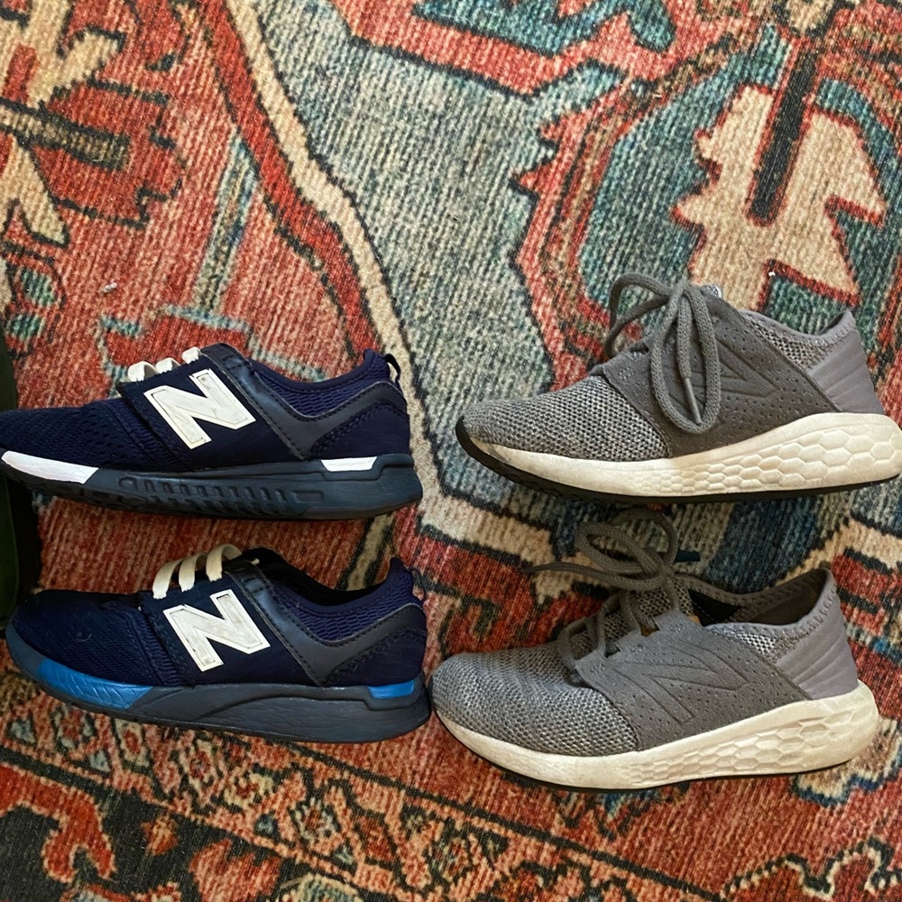 Little boys two pairs of New Balance sneakers and bonus pair of disco rain boots